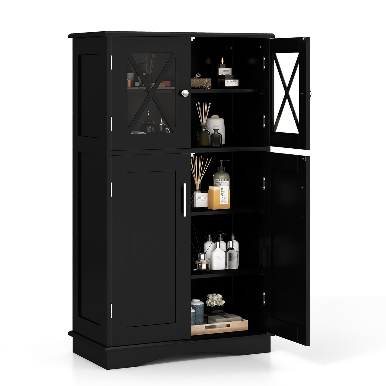 Costway Bathroom Storage Cabinet Linen Storage Cabinet with Doors and Adjustable Shelves Black/Grey/Brown/White
